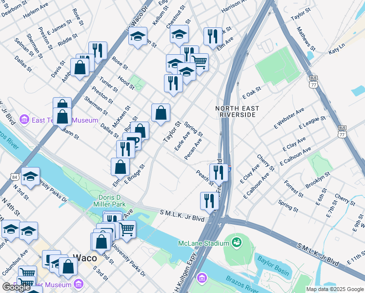 map of restaurants, bars, coffee shops, grocery stores, and more near 721 Earle Avenue in Waco