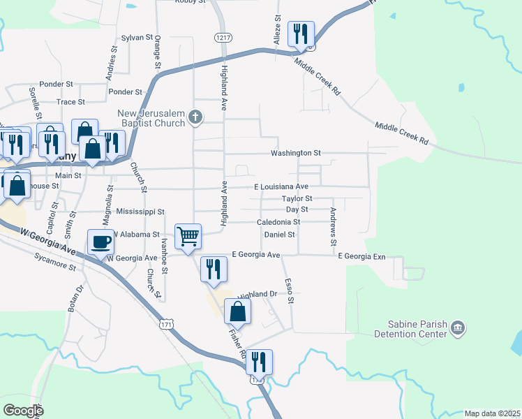 map of restaurants, bars, coffee shops, grocery stores, and more near 201 Day Street in Many