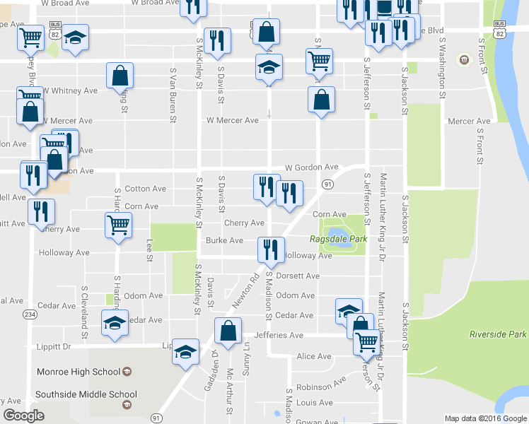 map of restaurants, bars, coffee shops, grocery stores, and more near 903 South Madison Street in Albany