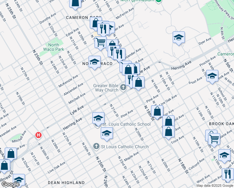 map of restaurants, bars, coffee shops, grocery stores, and more near 1925 Herring Avenue in Waco