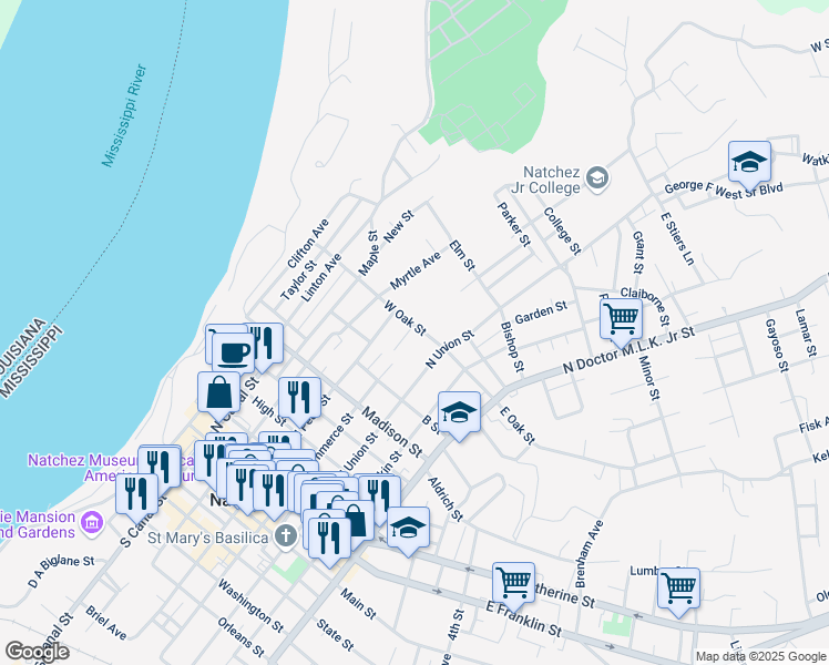 map of restaurants, bars, coffee shops, grocery stores, and more near 10 Oak Court in Natchez