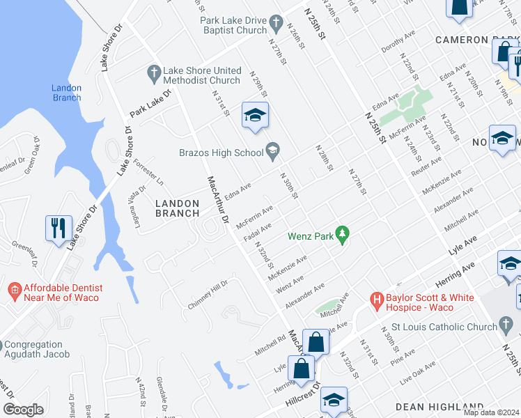 map of restaurants, bars, coffee shops, grocery stores, and more near 3117 McFerrin Avenue in Waco