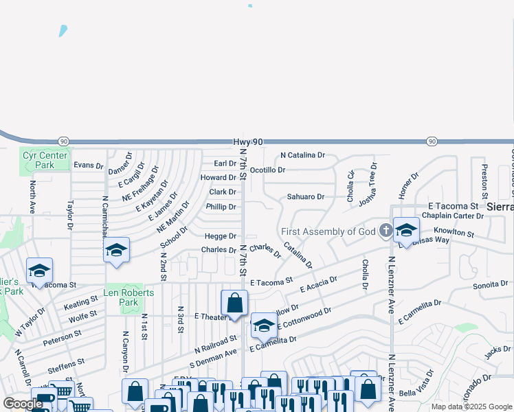 map of restaurants, bars, coffee shops, grocery stores, and more near 1125 North 7th Street in Sierra Vista