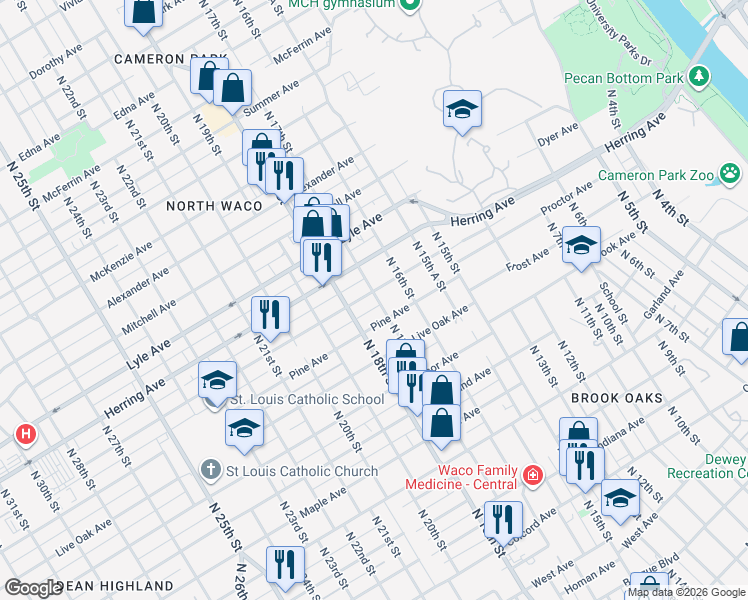 map of restaurants, bars, coffee shops, grocery stores, and more near 1626 Proctor Avenue in Waco