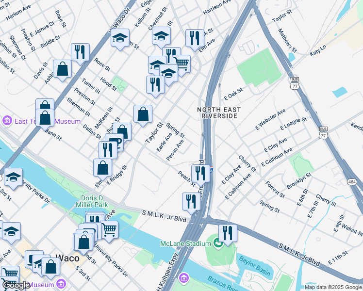 map of restaurants, bars, coffee shops, grocery stores, and more near 809 Pecan Avenue in Waco