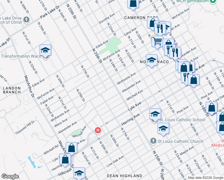 map of restaurants, bars, coffee shops, grocery stores, and more near 2520 McKenzie Avenue in Waco