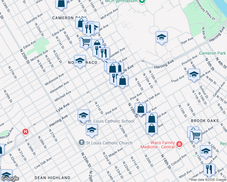 map of restaurants, bars, coffee shops, grocery stores, and more near 1826 Herring Avenue in Waco