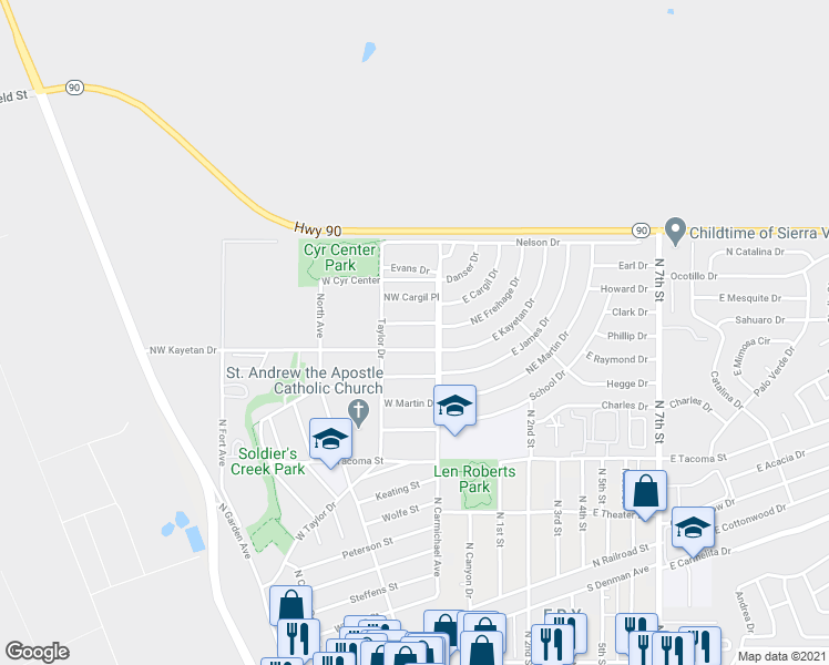 map of restaurants, bars, coffee shops, grocery stores, and more near 34 W Freihage Dr in Sierra Vista