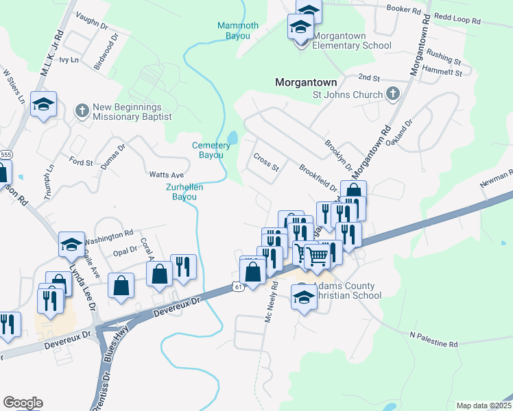 map of restaurants, bars, coffee shops, grocery stores, and more near 116 Covington Road in Natchez