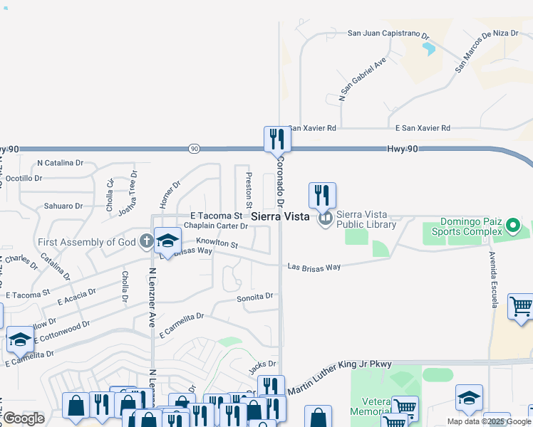 map of restaurants, bars, coffee shops, grocery stores, and more near 1016 Sentinel Peak Road in Sierra Vista