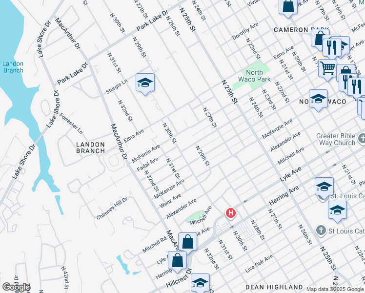 map of restaurants, bars, coffee shops, grocery stores, and more near 2921 Summer Avenue in Waco