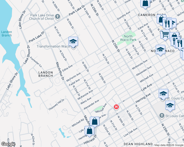map of restaurants, bars, coffee shops, grocery stores, and more near 2921 Summer Avenue in Waco