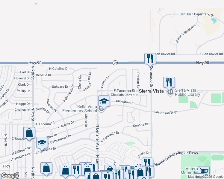 map of restaurants, bars, coffee shops, grocery stores, and more near 1008 Sam Kee Place in Sierra Vista