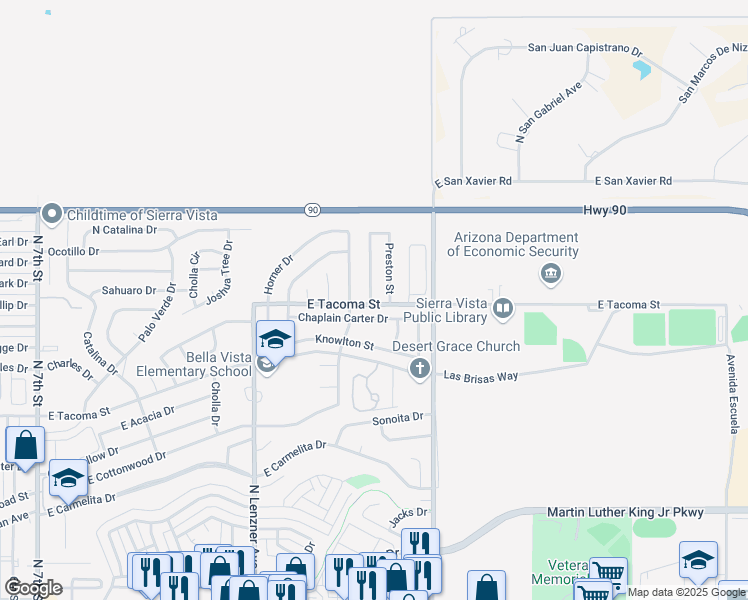 map of restaurants, bars, coffee shops, grocery stores, and more near 1045 East Tacoma Street in Sierra Vista
