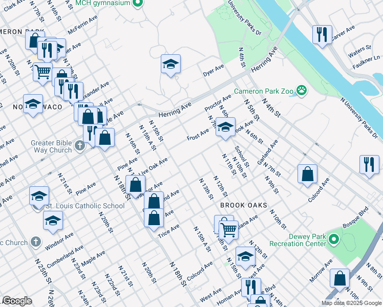 map of restaurants, bars, coffee shops, grocery stores, and more near 1203 Brook Avenue in Waco