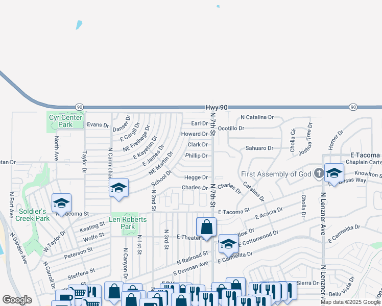 map of restaurants, bars, coffee shops, grocery stores, and more near 502 Phillip Drive in Sierra Vista