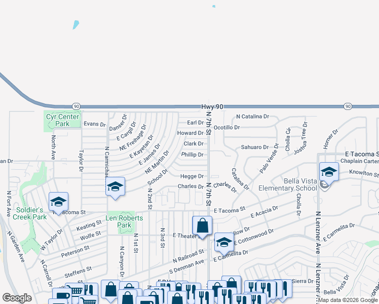 map of restaurants, bars, coffee shops, grocery stores, and more near 517 Phillip Drive in Sierra Vista
