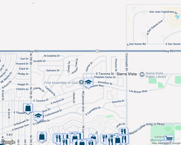 map of restaurants, bars, coffee shops, grocery stores, and more near 1006 Marchbanks Drive in Sierra Vista