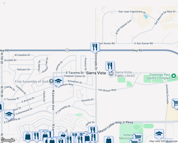map of restaurants, bars, coffee shops, grocery stores, and more near 2294 Iron Tower Road in Sierra Vista