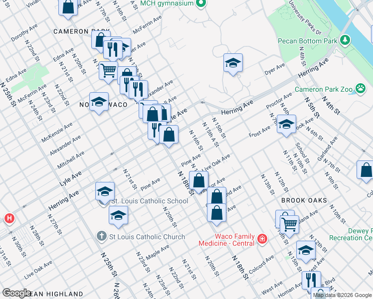 map of restaurants, bars, coffee shops, grocery stores, and more near 1626 Proctor Avenue in Waco