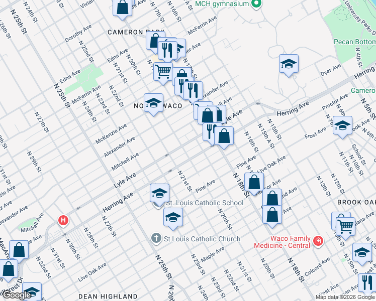 map of restaurants, bars, coffee shops, grocery stores, and more near 1925 Herring Avenue in Waco