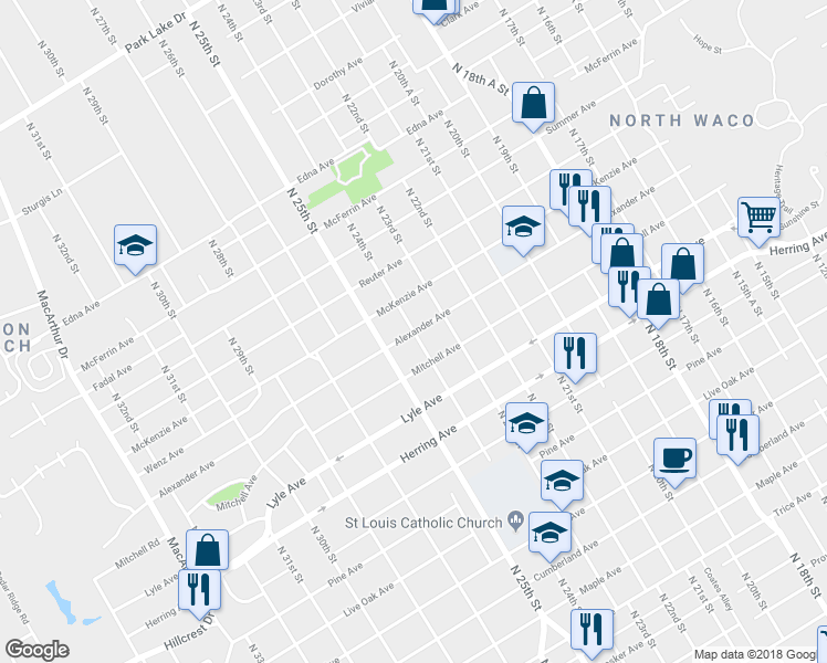 map of restaurants, bars, coffee shops, grocery stores, and more near 2699 North 24th Street in Waco