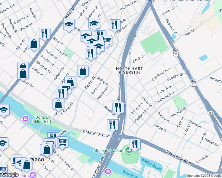 map of restaurants, bars, coffee shops, grocery stores, and more near 820 East Mitchell Street in Waco