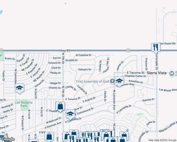 map of restaurants, bars, coffee shops, grocery stores, and more near 1124 Sahuaro Drive in Sierra Vista