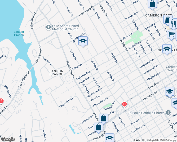 map of restaurants, bars, coffee shops, grocery stores, and more near 3117 McFerrin Avenue in Waco