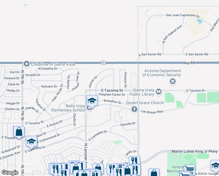 map of restaurants, bars, coffee shops, grocery stores, and more near 1037 Wagner Place in Sierra Vista