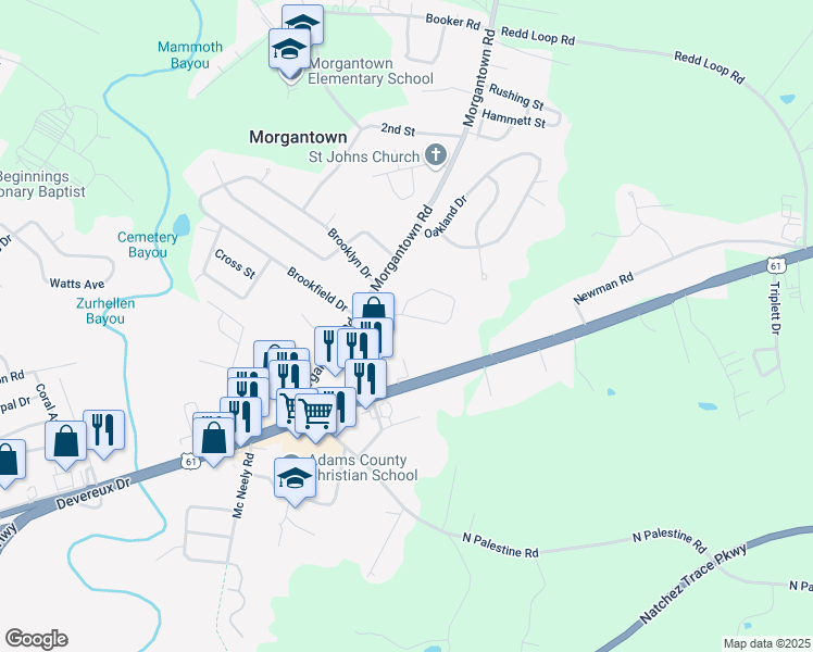 map of restaurants, bars, coffee shops, grocery stores, and more near 116 Mount Carmel Drive in Natchez