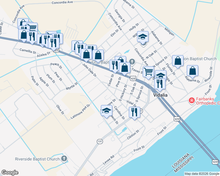 map of restaurants, bars, coffee shops, grocery stores, and more near 401-421 Cedar St in Vidalia