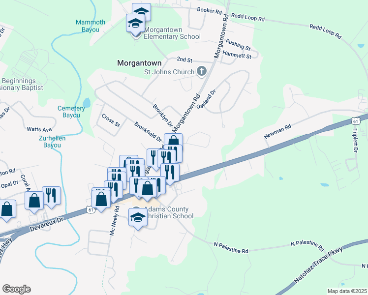 map of restaurants, bars, coffee shops, grocery stores, and more near 116 Mount Carmel Drive in Natchez