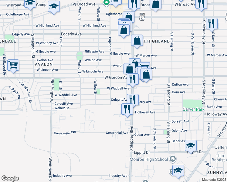 map of restaurants, bars, coffee shops, grocery stores, and more near 1117 Colquitt Avenue in Albany