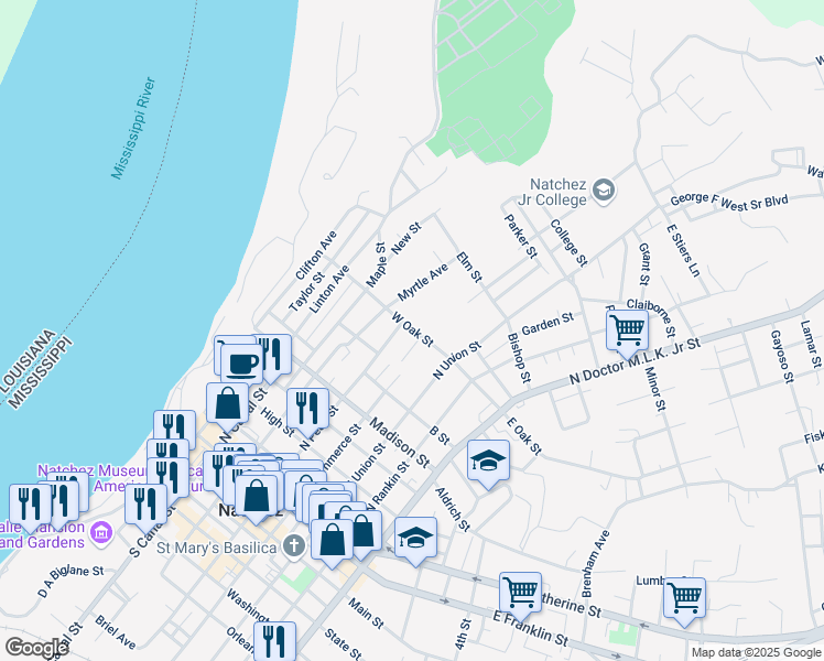 map of restaurants, bars, coffee shops, grocery stores, and more near 10 Oak Court in Natchez
