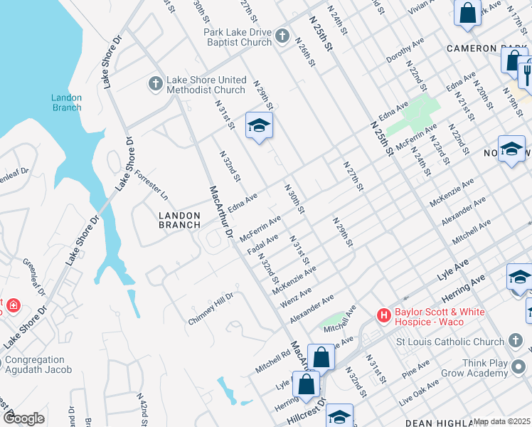 map of restaurants, bars, coffee shops, grocery stores, and more near 3117 McFerrin Avenue in Waco
