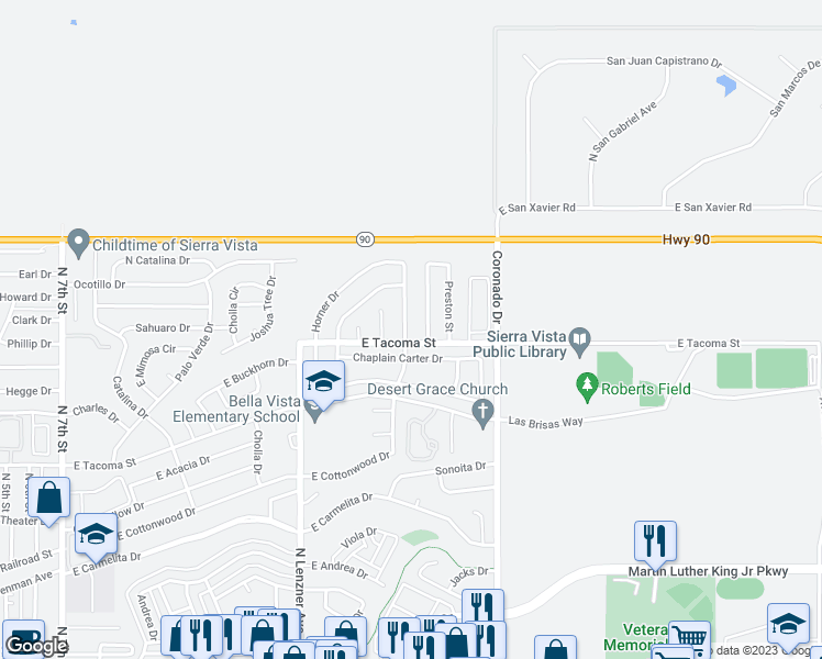 map of restaurants, bars, coffee shops, grocery stores, and more near 1045 Barnes Drive in Sierra Vista