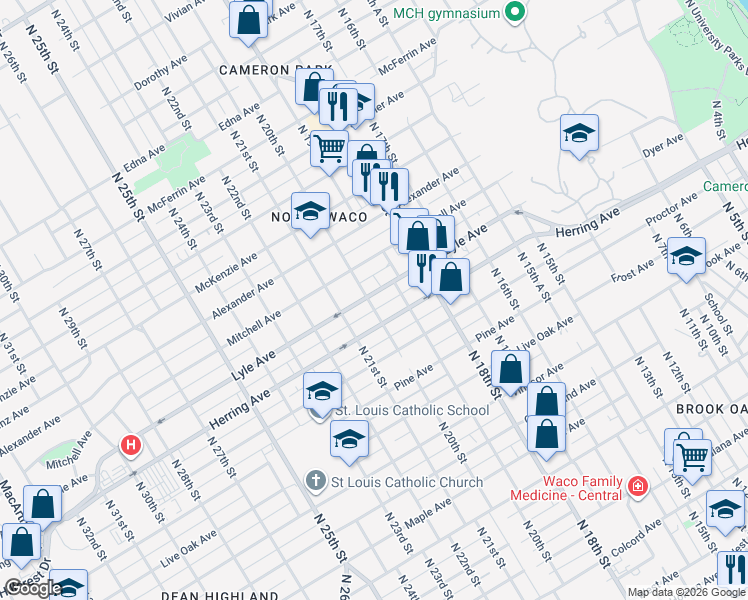 map of restaurants, bars, coffee shops, grocery stores, and more near 1925 Herring Avenue in Waco