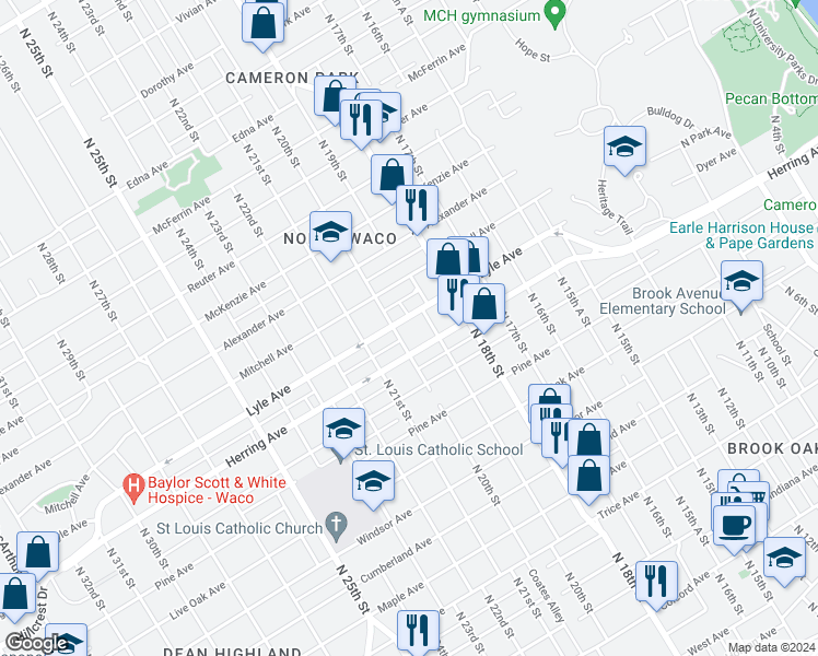 map of restaurants, bars, coffee shops, grocery stores, and more near 1925 Herring Avenue in Waco