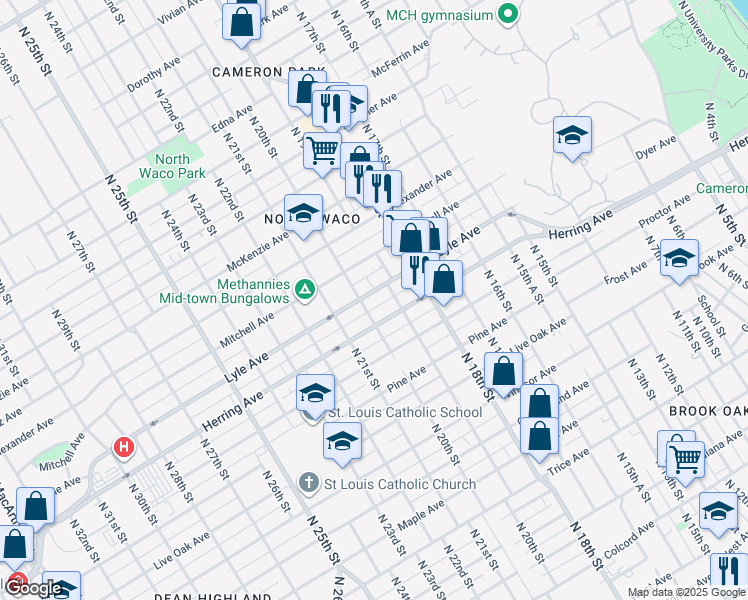 map of restaurants, bars, coffee shops, grocery stores, and more near 1925 Herring Avenue in Waco
