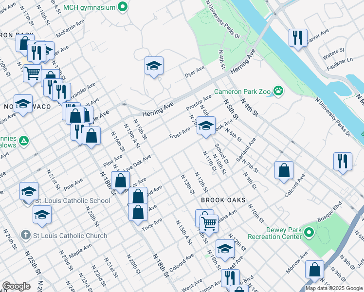 map of restaurants, bars, coffee shops, grocery stores, and more near 1203 Brook Avenue in Waco