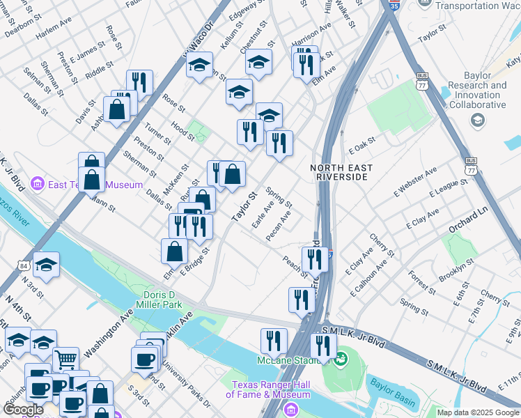 map of restaurants, bars, coffee shops, grocery stores, and more near 721 Earle Avenue in Waco