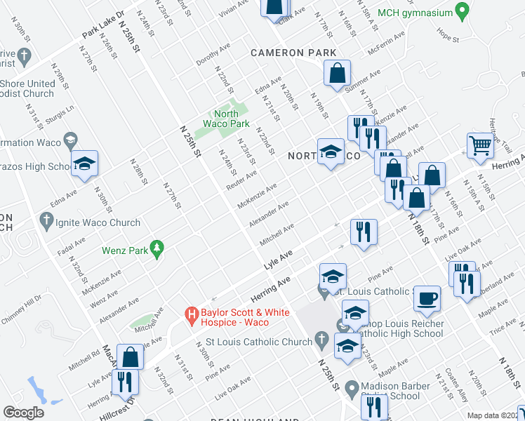 map of restaurants, bars, coffee shops, grocery stores, and more near 2318 Alexander Avenue in Waco