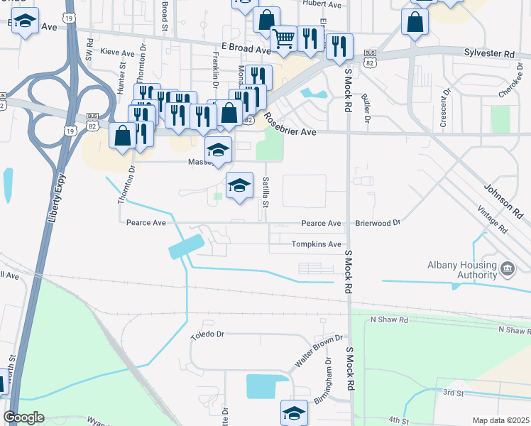 map of restaurants, bars, coffee shops, grocery stores, and more near Satilla Street in Albany