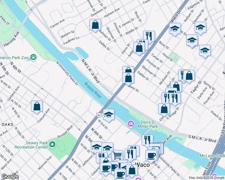 map of restaurants, bars, coffee shops, grocery stores, and more near 100 Mill Street in Waco