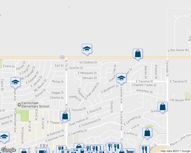 map of restaurants, bars, coffee shops, grocery stores, and more near 1157 Sahuaro Drive in Sierra Vista