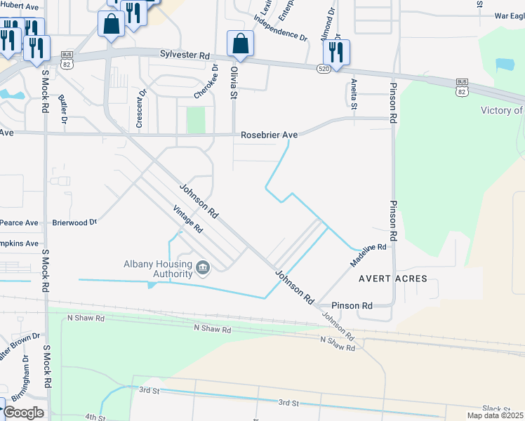 map of restaurants, bars, coffee shops, grocery stores, and more near 600 Johnson Road in Albany