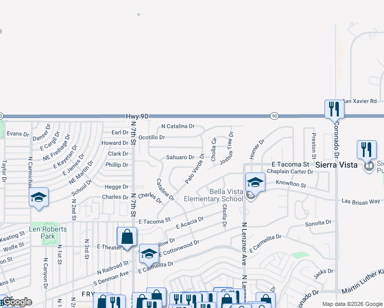 map of restaurants, bars, coffee shops, grocery stores, and more near 1157 Sahuaro Drive in Sierra Vista