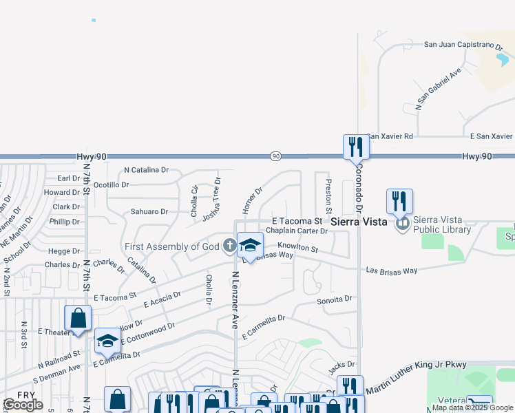 map of restaurants, bars, coffee shops, grocery stores, and more near 1066 Marchbanks Drive in Sierra Vista