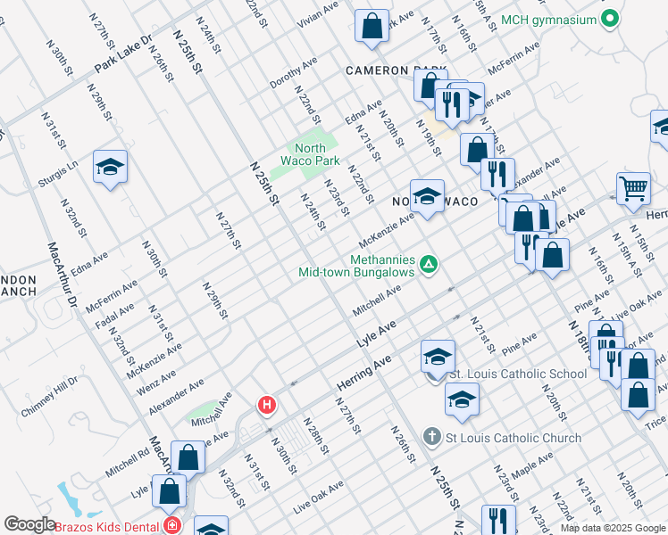 map of restaurants, bars, coffee shops, grocery stores, and more near 2401 McKenzie Avenue in Waco